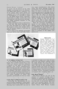 Page 62 of the December, 1961 issue of Games and Toys showing the MECCANO Packaging